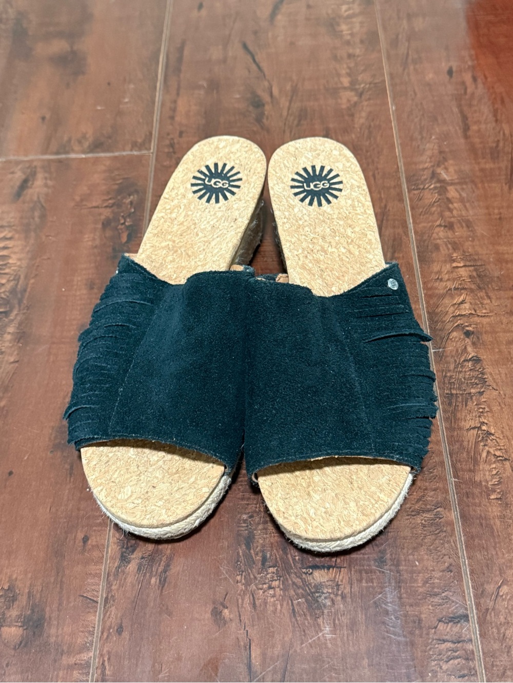UGG Black Suede Fringe Slide Sandals